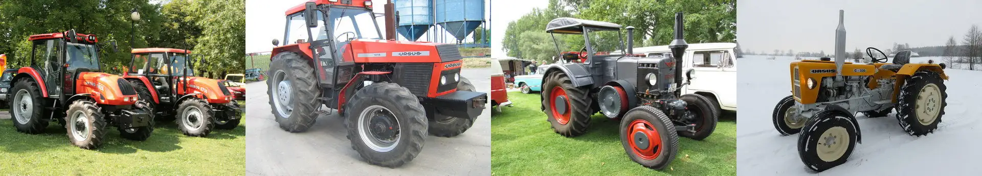 Cztery zdjęcia kultowych ciągników rolniczych marki URSUS 1614, C-330 